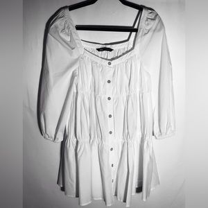 ZARA poplin white dress button down ruffles low neck Size Medium